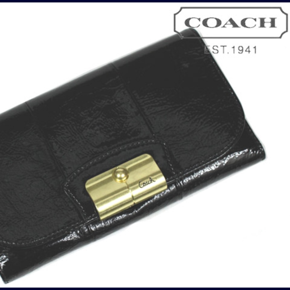 Coach Kristin Black Patent Leather Gold Hardware Checkbook Wallet Purse 44681